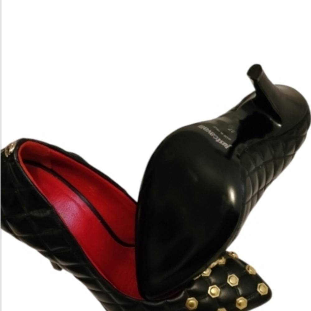 Black Quilted Studded Pointed-Toe Pumps - Red Lining - Picture 2 of 3